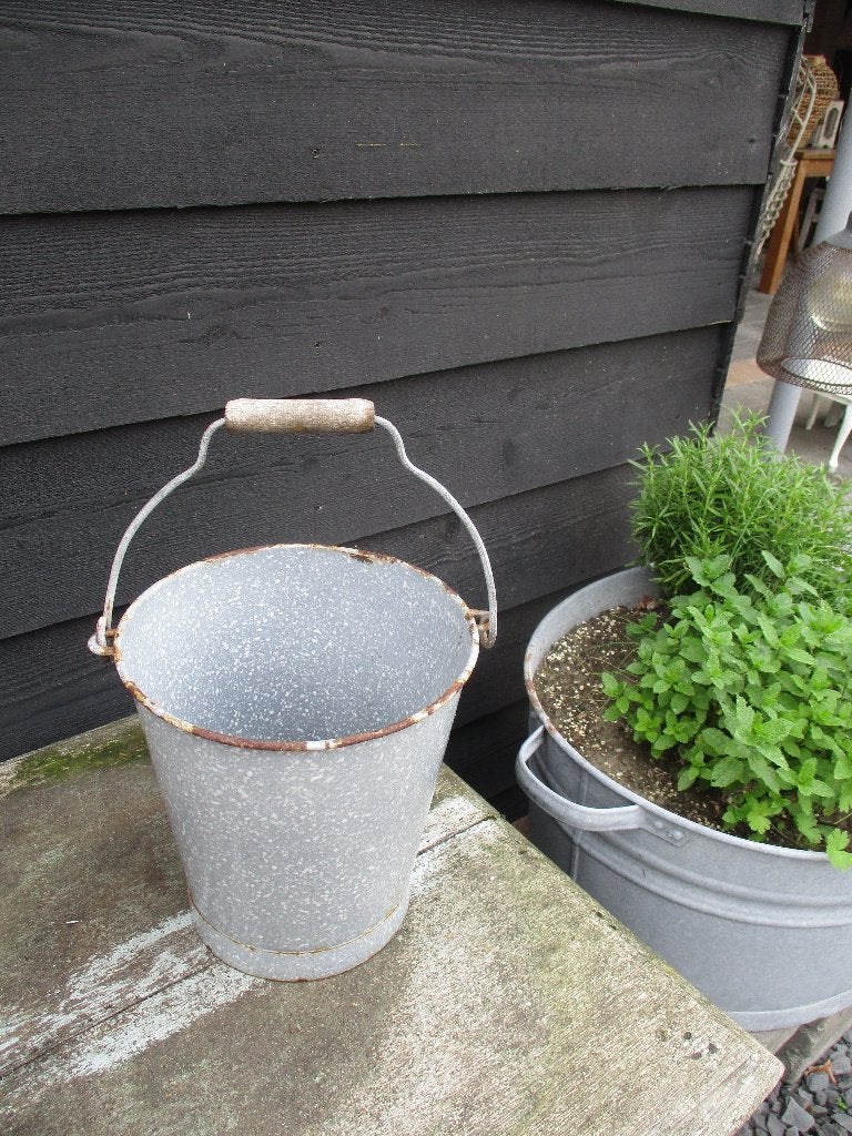 oude brocante emaille grijs gewolkte emmer, Antiek en Kunst, Ophalen of Verzenden