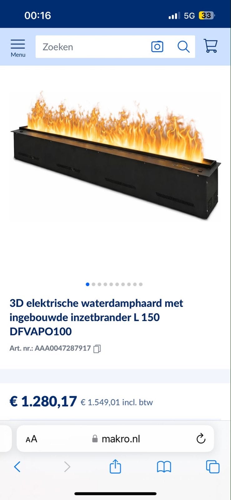 Als nieuw! 3D Elektrische Waterdamphaard L 150 DFVAPO100, Ophalen, Nieuw, Inzethaard, Elektrische haard