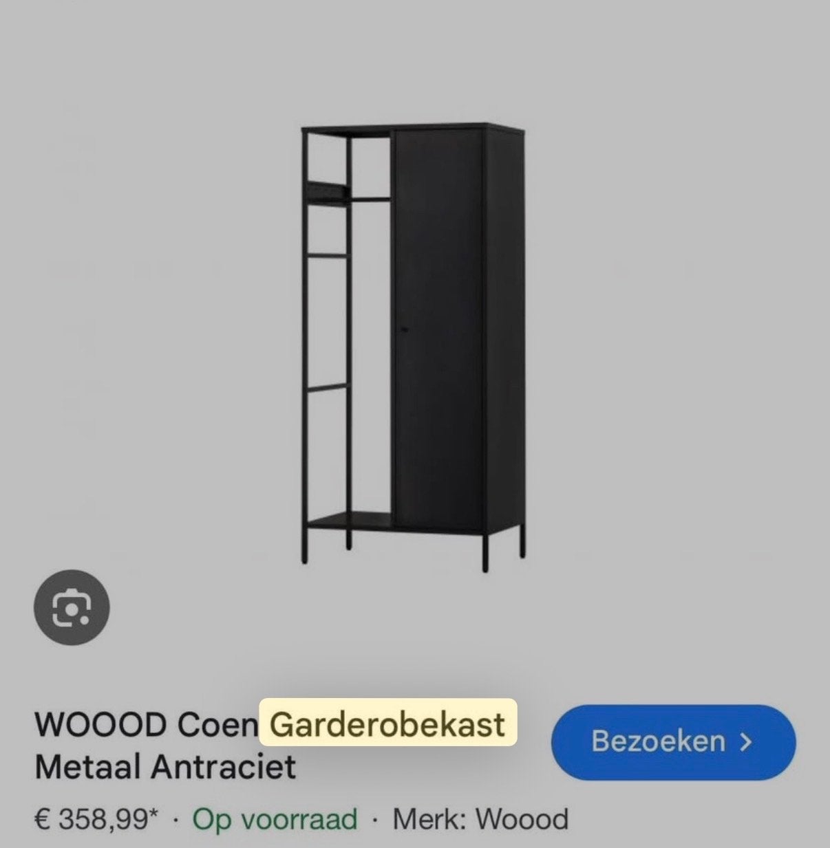 WOOOD Coen Garderobekast Metaal Antraciet, Ophalen, Gebruikt, Metaal, Met deur(en)