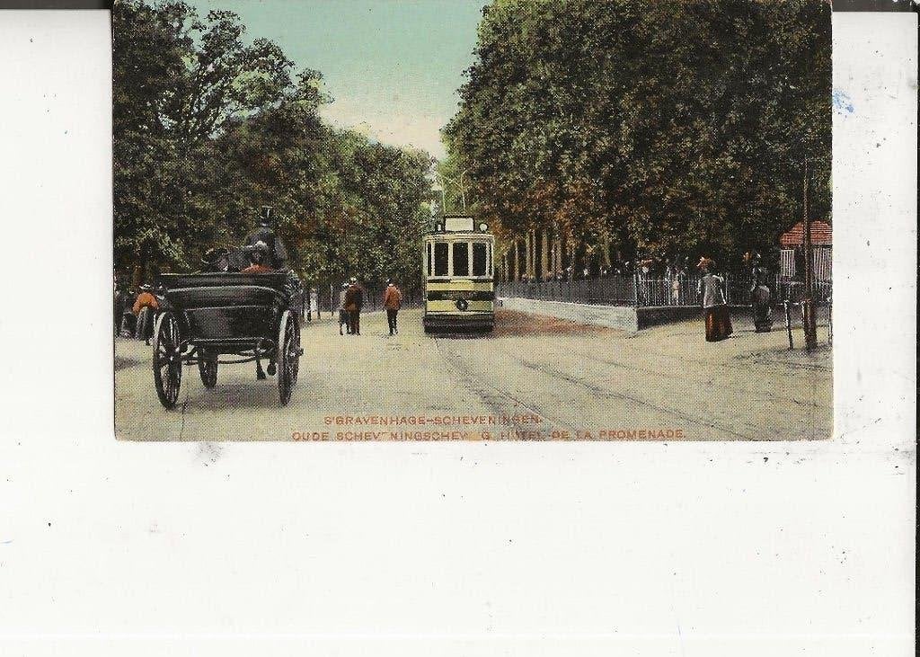 Scheveningen Oude Schev.Weg met koets en tram 17-6-1907, Verzamelen, Ophalen of Verzenden, Voor 1920, Gelopen, Zuid-Holland