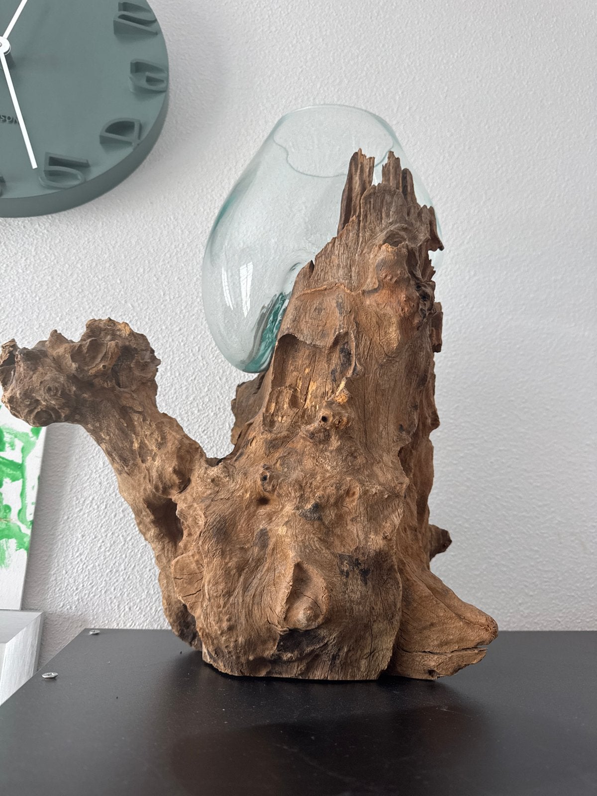 Unieke glazen vaas op drijfhout, Ophalen, Hout, Bruin, Landelijk