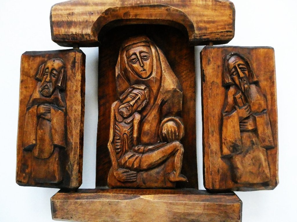 Houten drieluik houtgesneden met Pieta Maria en Jezus, Antiek en Kunst, Ophalen of Verzenden