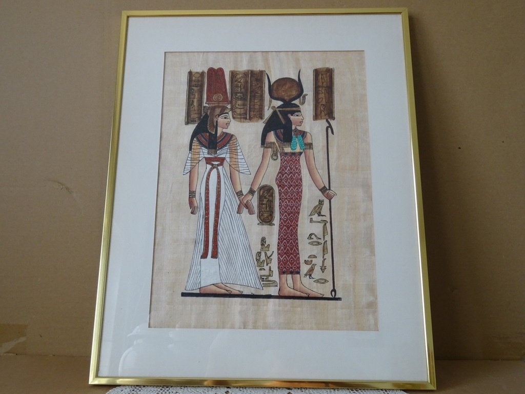 Vintage papyrus schilderij Egypte in luxe omlijsting 41x51cm, Ophalen of Verzenden