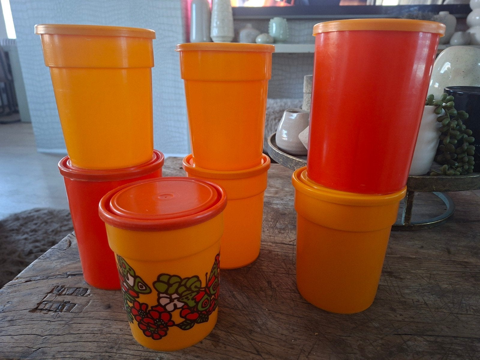 Set van 7 Retro Plastic Opbergkasten - Oranje/Rood, Ophalen, Gebruikt, Bewaardoos, Met deksel
