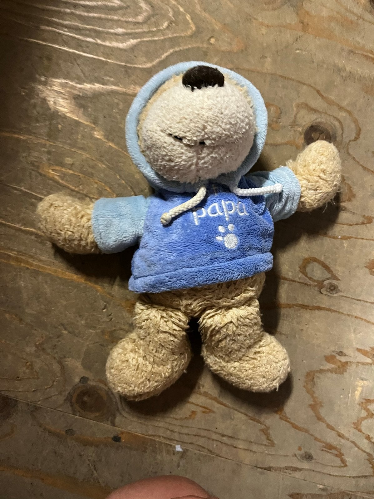 Schattige knuffelbeer met blauwe hoodie - Zo goed als nieuw, Kinderen en Baby's, Speelgoed | Knuffels en Pluche, Ophalen, Overige merken