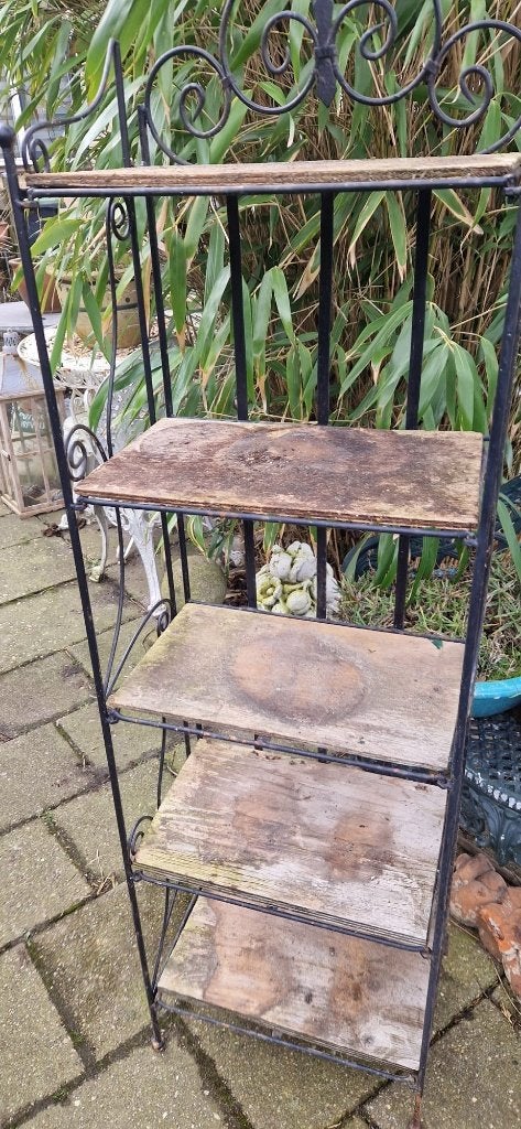 Metalen plantenrek/étagère+5niveaus+houten planken(brocante), Ophalen, Gebruikt, Rek/stellage, Metaal