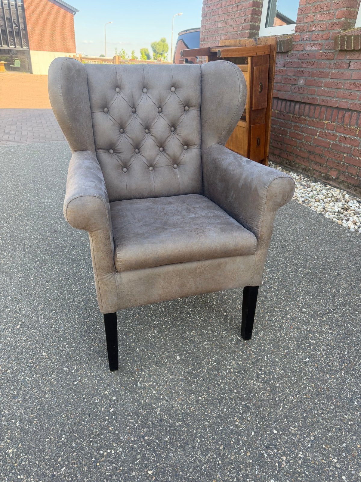 Comfortabele fauteuil / stoel - Grijs/taupe, Ophalen, Gebruikt, 75 tot 100 cm, Stof