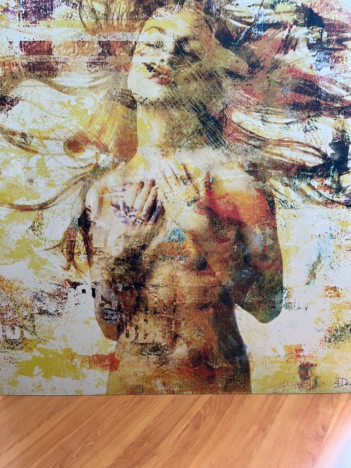 Groot acrylaat schilderij van vrouw met geeltint - Goossens, Ophalen, Overige materialen, Handgeschilderd, Portret