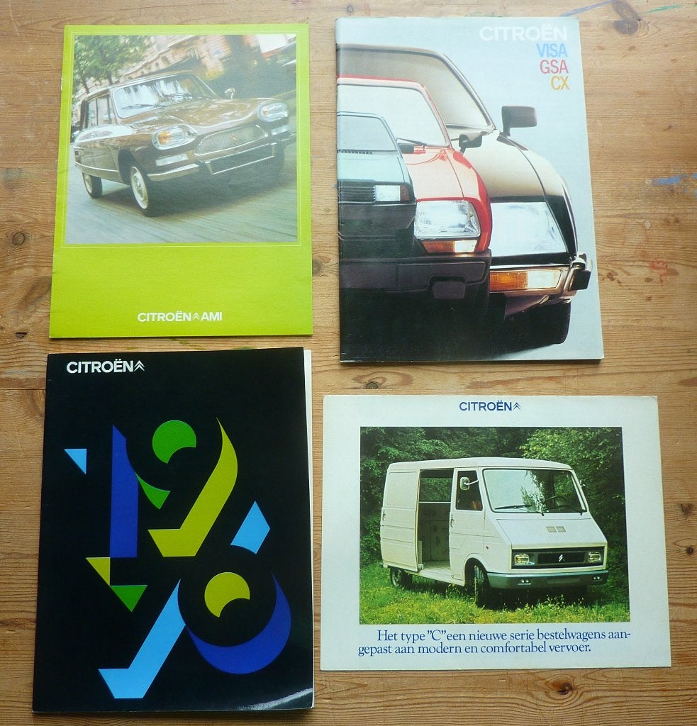Citroën 1976 + 1982, Ami 1975 en C-type 4x brochures, Gelezen, Ophalen of Verzenden, Citroën, Citroën