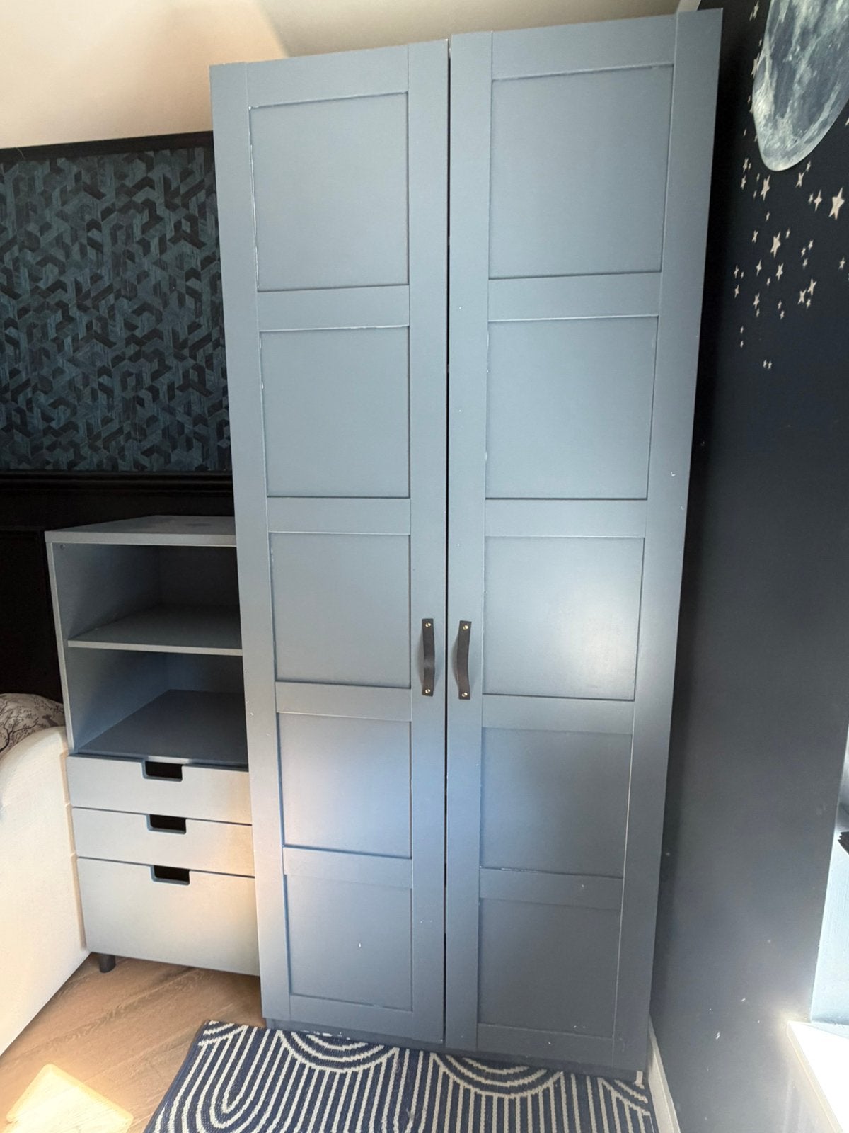 Pax kast blauw met leren handgrepen, Huis en Inrichting, Ophalen, 200 cm of meer, 50 tot 100 cm, Zo goed als nieuw