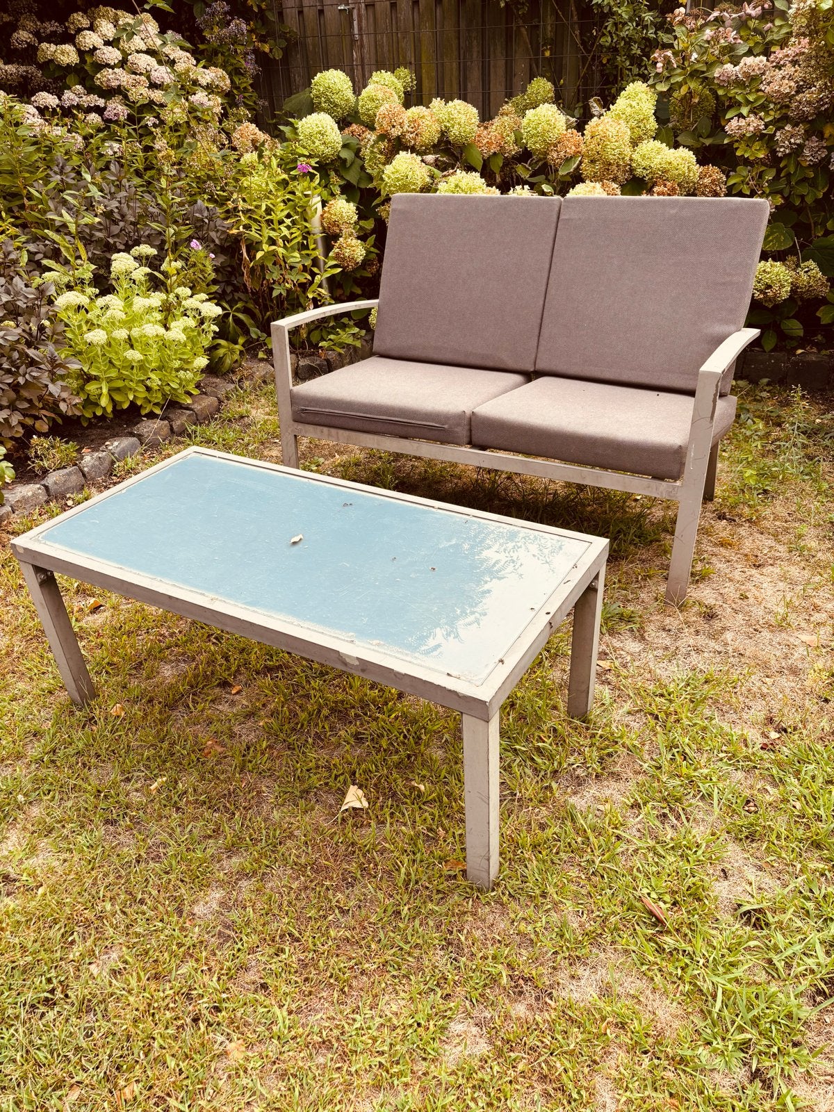 2-zitstuinbank en salontafel, Tuin en Terras, Gebruikt, Aluminium, Loungeset, Bank