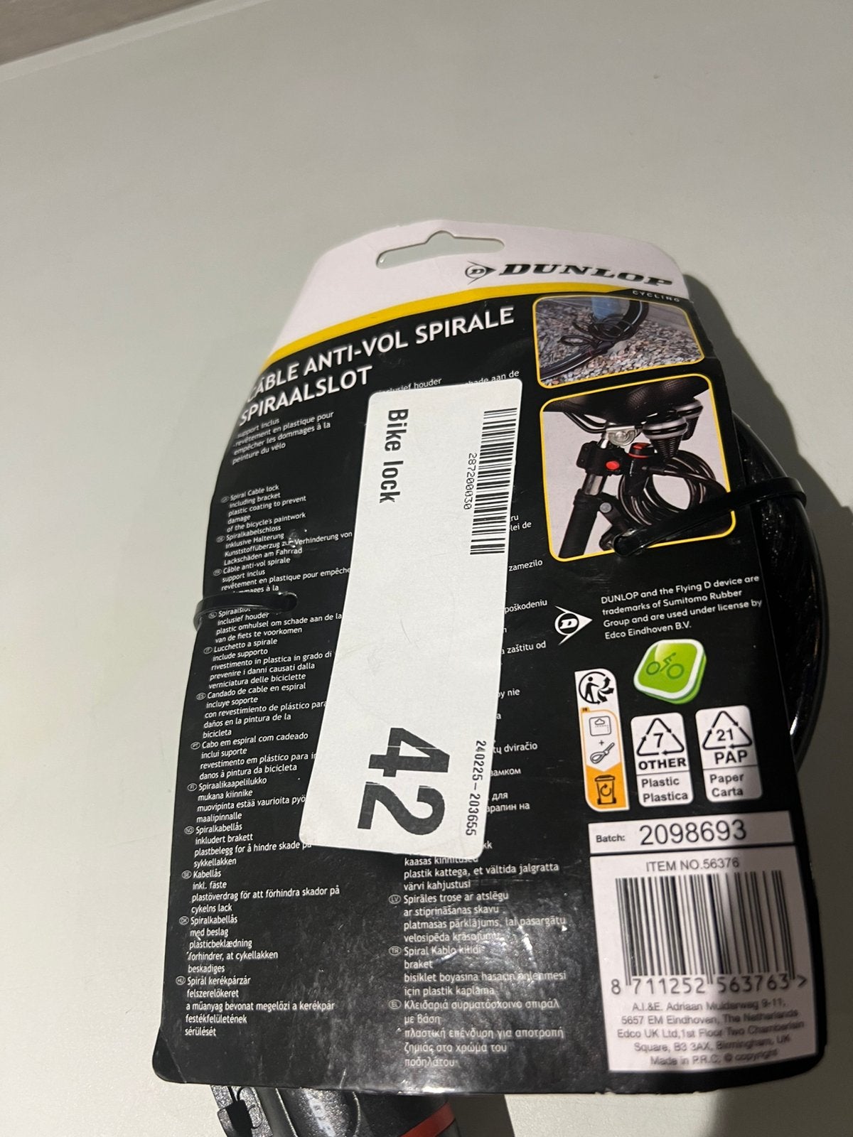 Spiraalslot Dunlop met sleutel zwart, Nieuw, Ophalen of Verzenden, Nvt, Apparatuur
