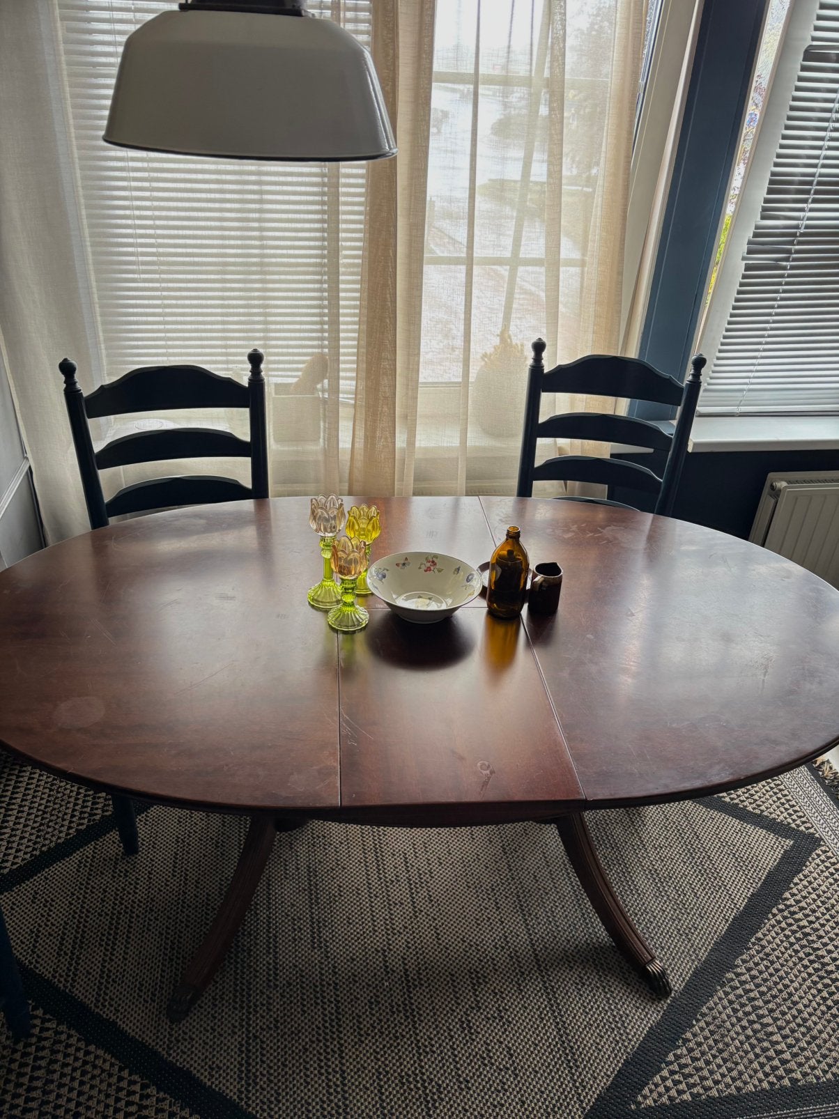 Uitschuifbare ovale tafel van mahonie hout, Gebruikt, 100 tot 150 cm, 200 cm of meer, Ophalen of Verzenden