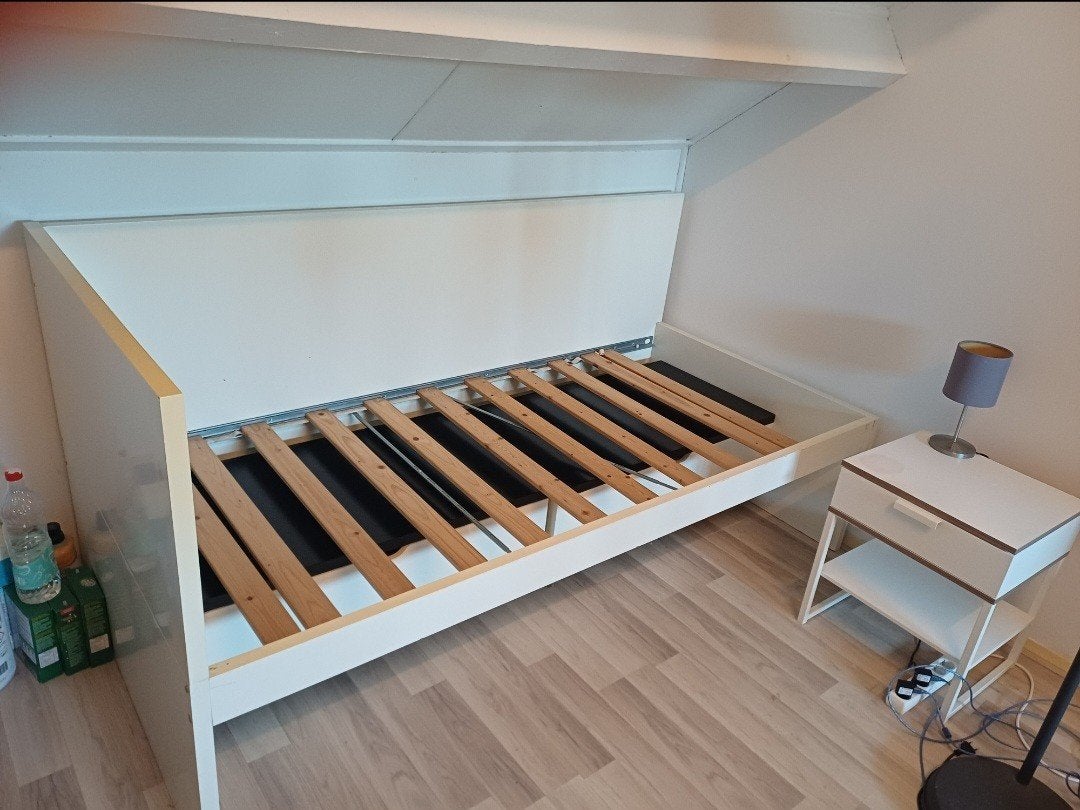 Eenpersoonsbed met opberglades - Wit, Huis en Inrichting, Slaapkamer | Bedden, Ophalen, Gebruikt, 90 cm, Eenpersoons