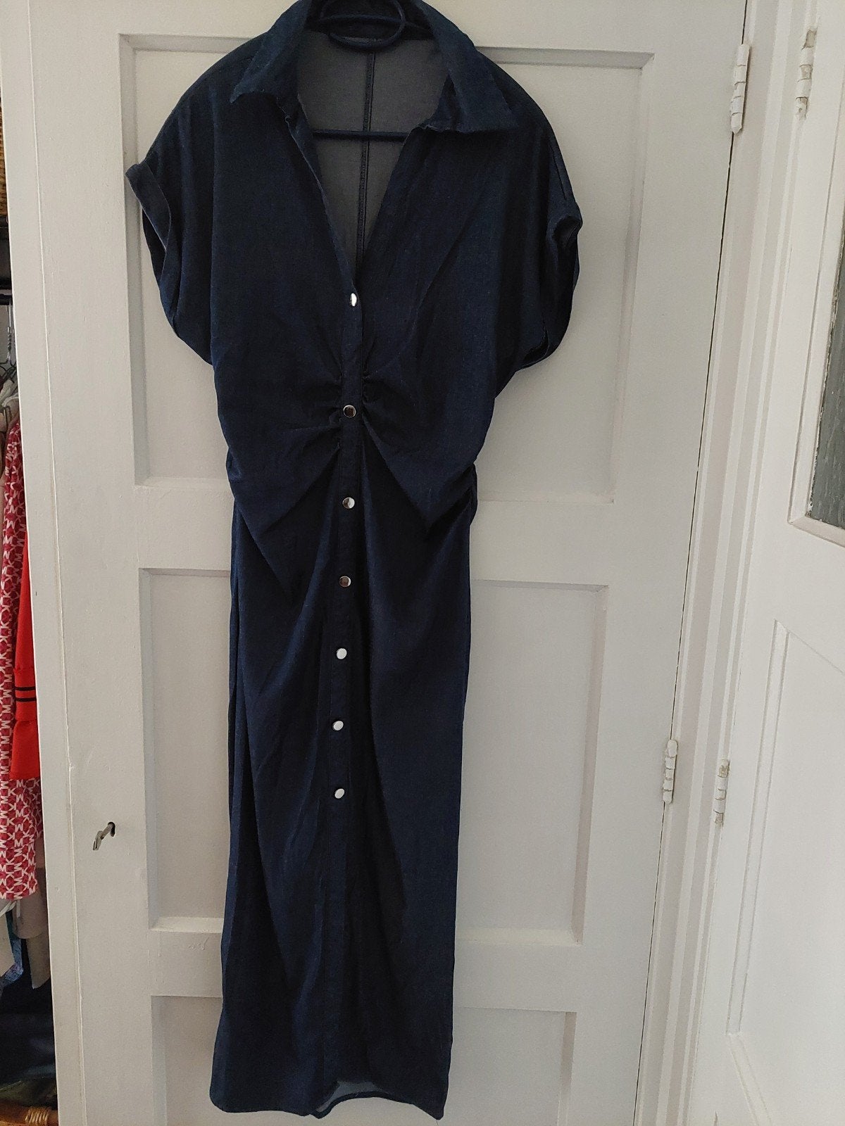 Denim look jurk met geplooide taille strech L xl l, Kleding | Dames, Blauw, Onder de knie, Ophalen, Maat 38/40 (M)