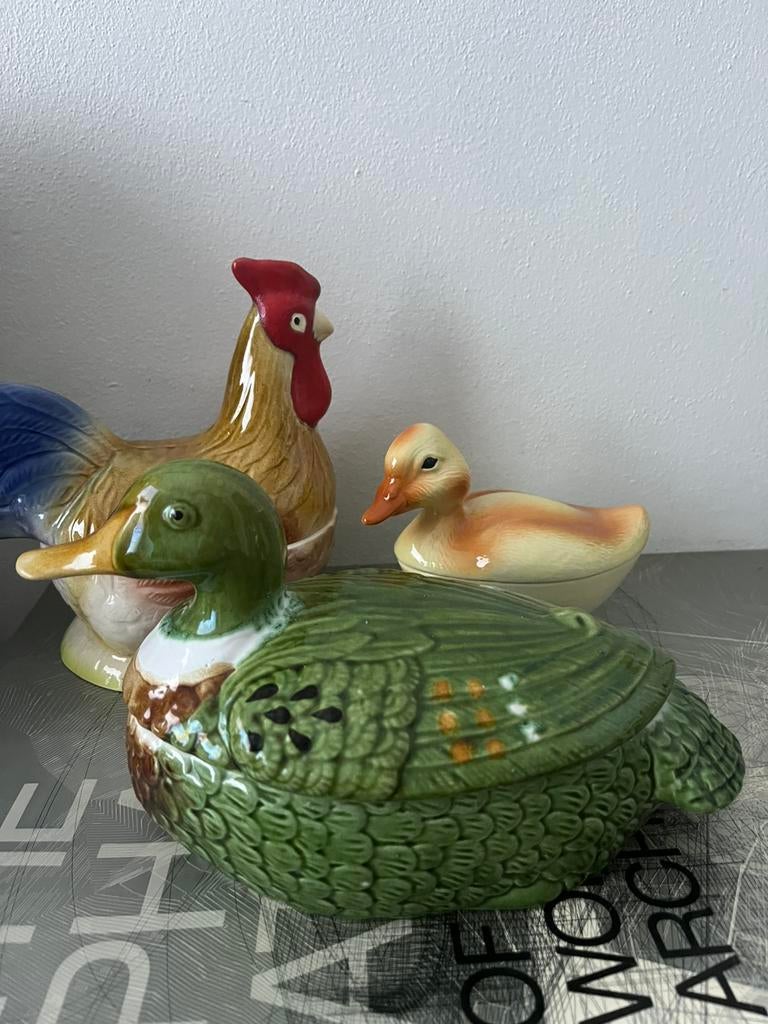 Grote groene caugant pate dekselschaal eend met stempel, Antiek en Kunst, Verzenden