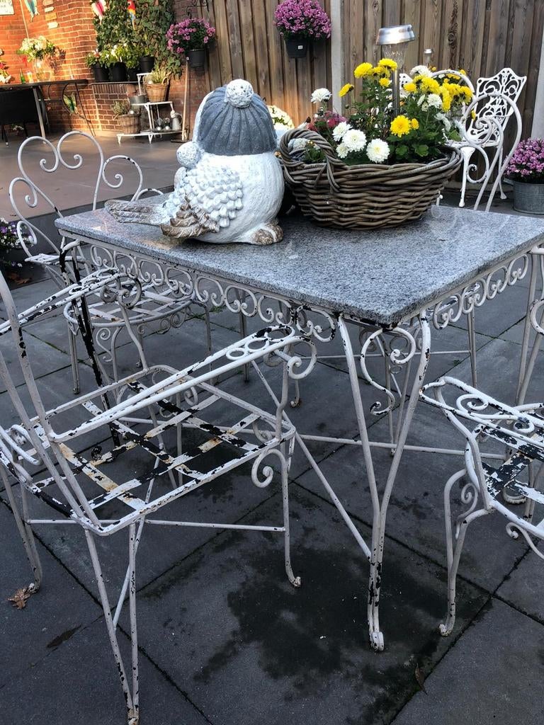 Vintage smeedijzeren bistroset/tafel/stoel 2xrond 2xvierkant, Ophalen, 4 zitplaatsen, Gebruikt, Tuinset