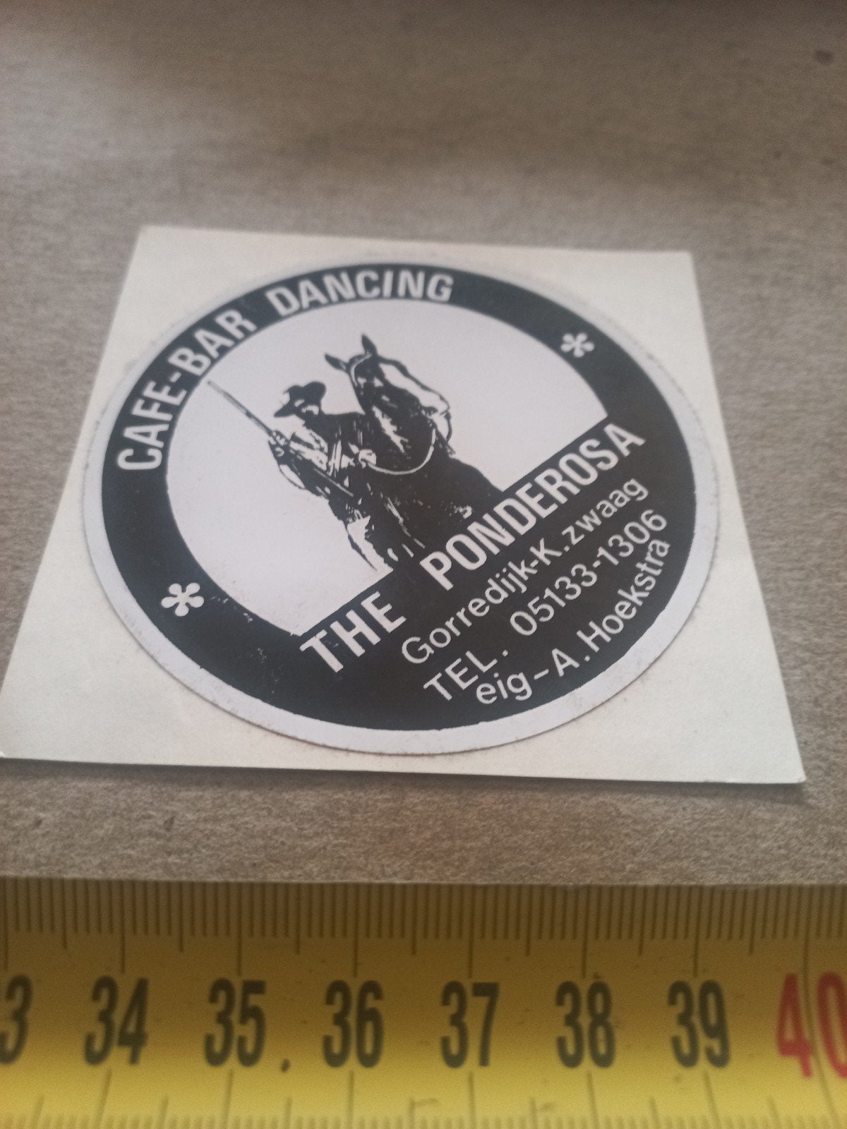Vintage sticker Cafe-Bar Dancing The Ponderosa, Ophalen of Verzenden, Gebruikt, Overige typen