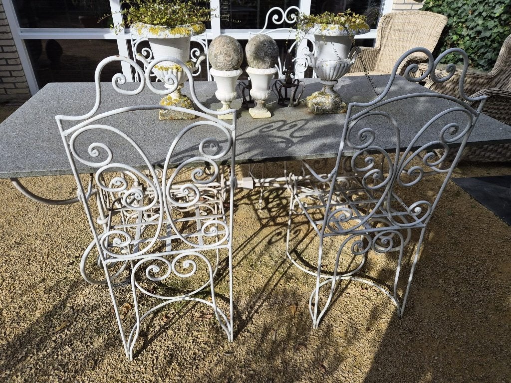 Prachtige gietijzeren tuinset met natuurstenen blad, Ophalen, Gebruikt, Tuinset, Eettafel