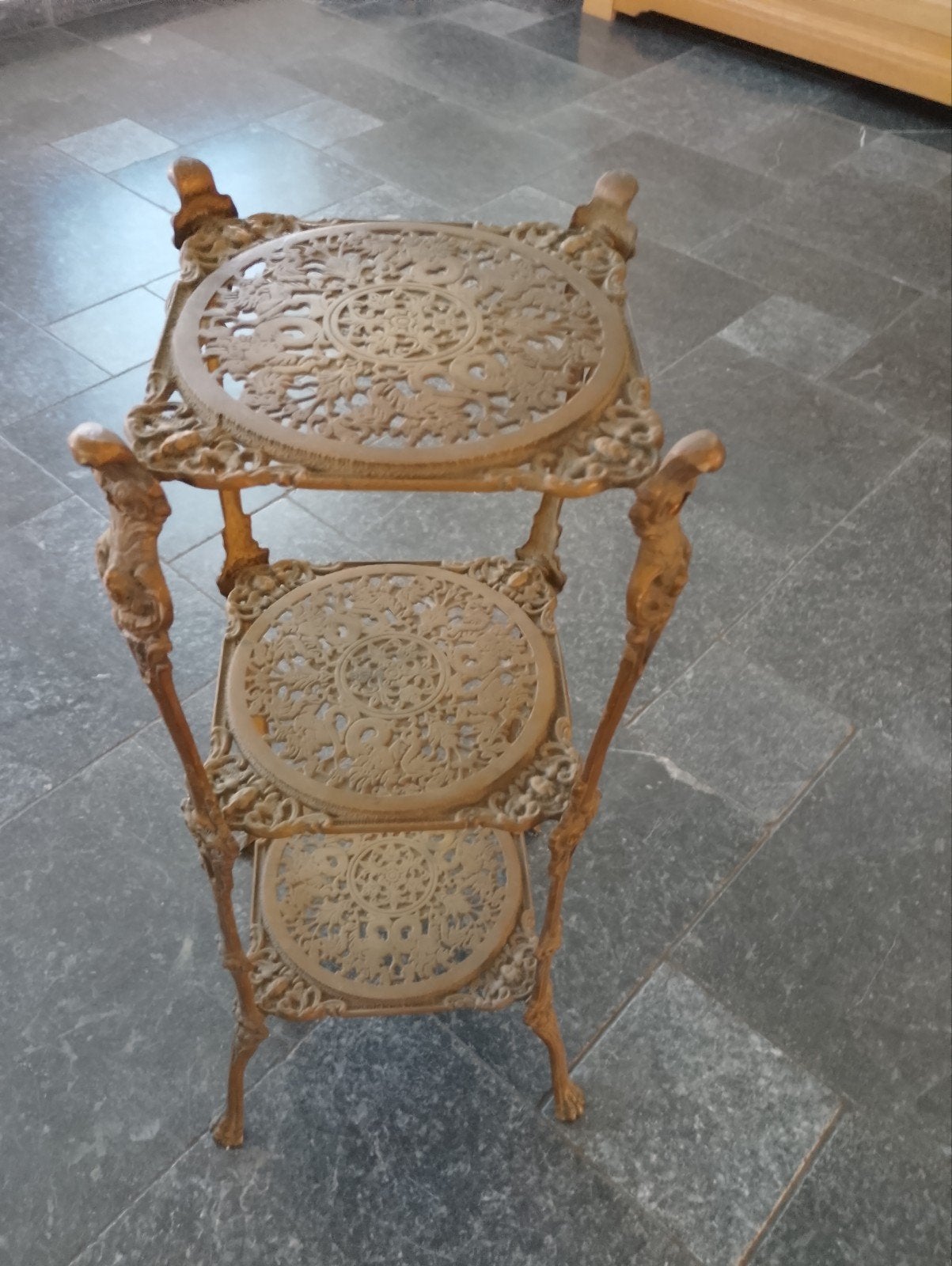 Antieke bronzen plantenstandaard met 3 etages, Ophalen of Verzenden