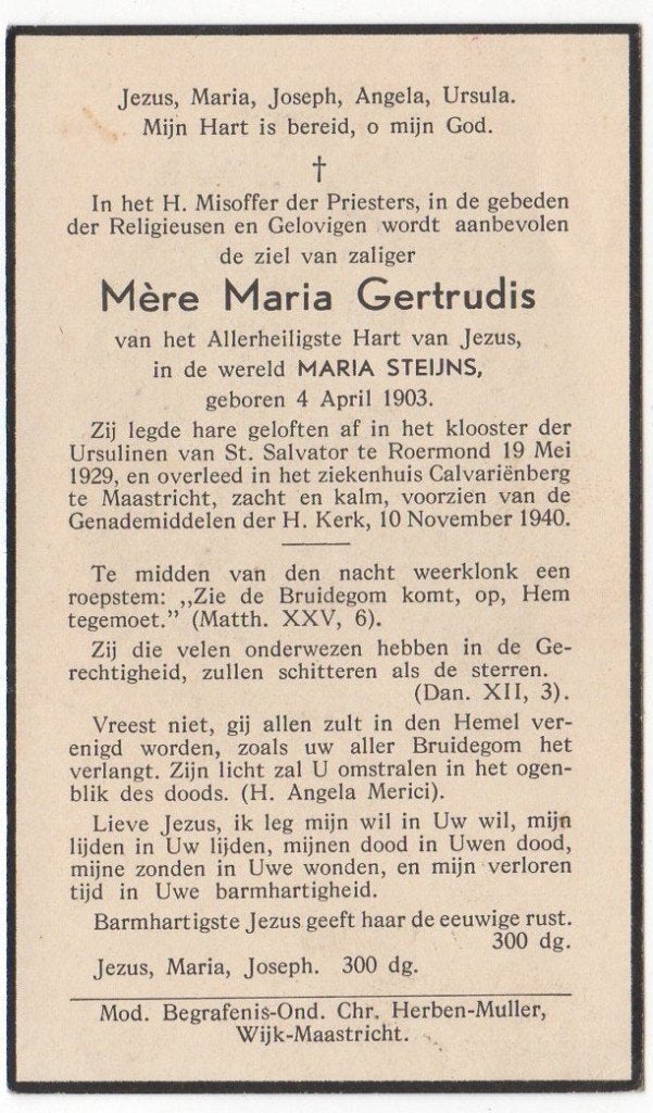 zr. Maria J.W.H. Steijns 1903 - 1940 Maastricht, 37 jaar oud, Verzenden