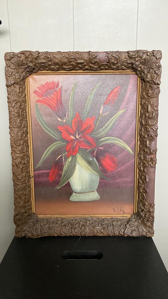 Vintage Schilderij: Rode Bloemen in Vaas, Gesigneerd. v Dal, Antiek en Kunst, Ophalen of Verzenden