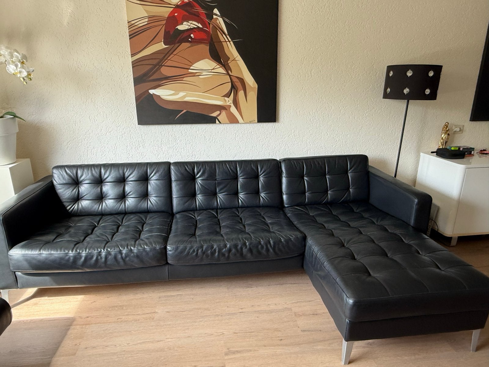 IKEA Landskrona hoekbank zwart leer, Ophalen, 250 tot 300 cm, Gebruikt, 100 tot 125 cm