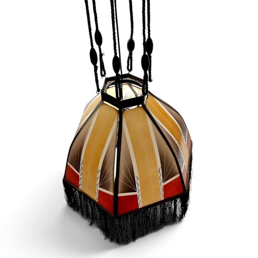 Grote zeskantige lampenkap met klokgebogen glazen, Antiek en Kunst, Ophalen of Verzenden