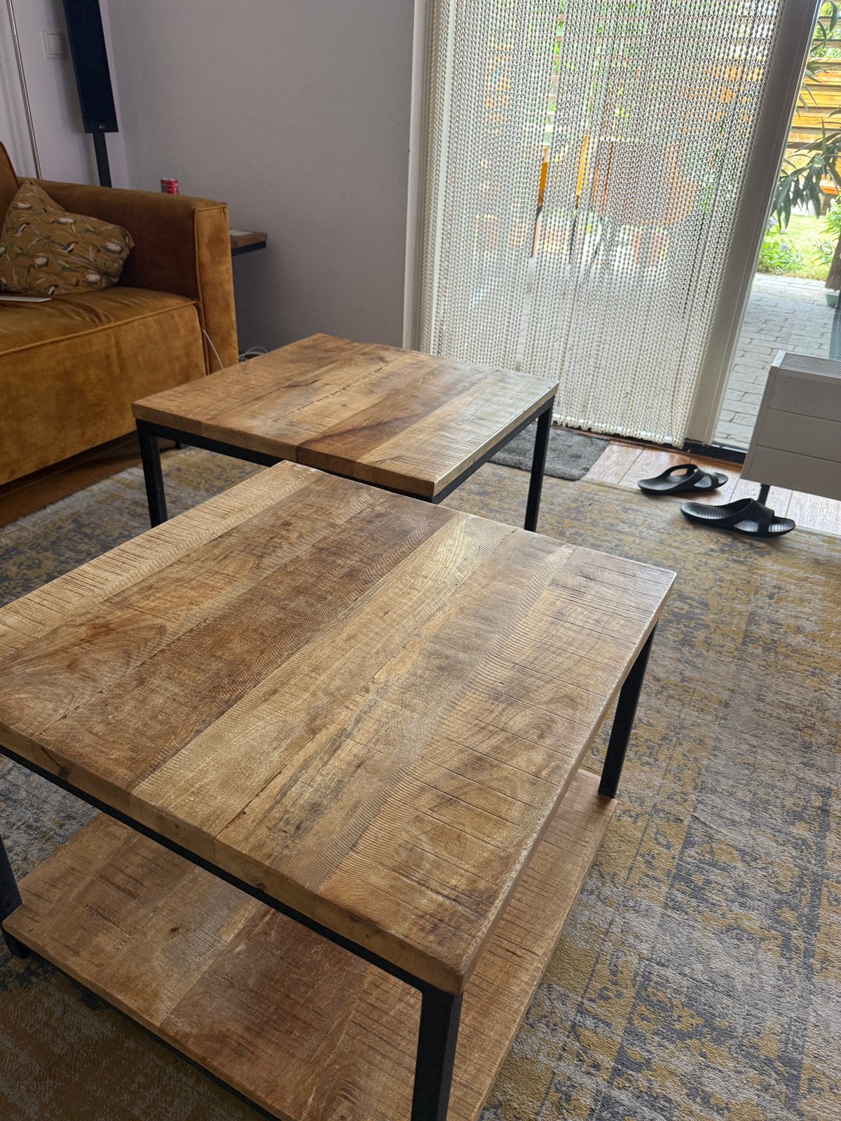 Set van 2 robuuste mango houten salontafels, Gebruikt, 50 tot 100 cm, Vierkant, 5 – 50