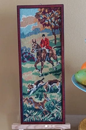 Geborduurd schilderij jacht vintage brocante paard, Minder dan 50 cm, Gebruikt, Overige typen, Ophalen of Verzenden