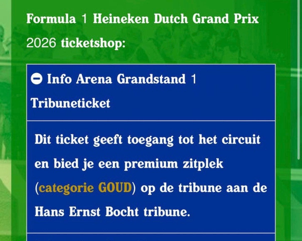 2 tickets formule 1 Zandvoort Arena grand stand goud, Tickets en Kaartjes, Twee personen