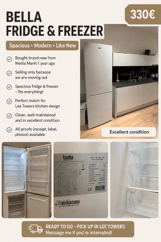 Bella Fridge and Freezer, 200 liter of meer, Zo goed als nieuw, 45 tot 60 cm, Met vriesvak