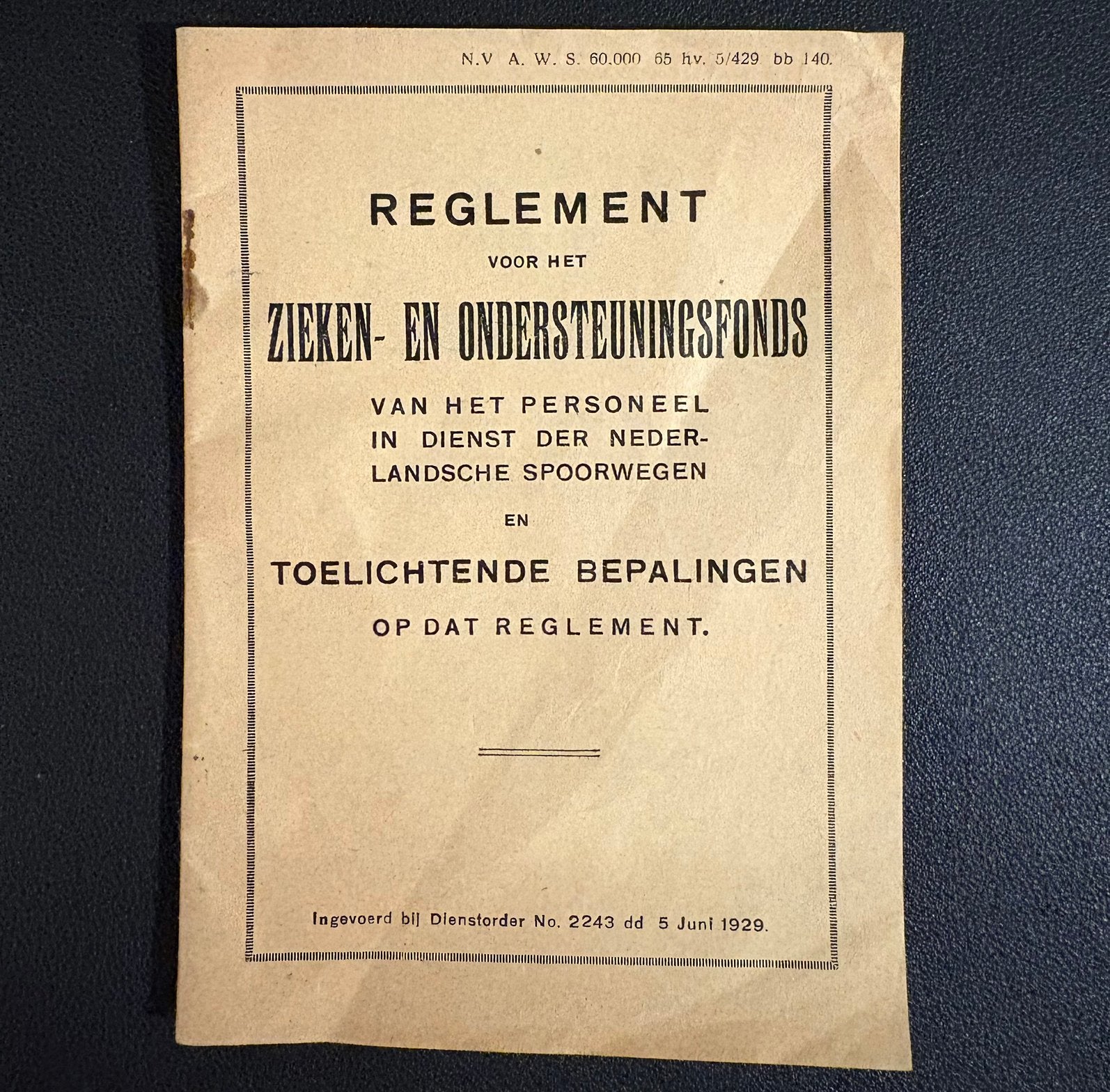 Reglement zieken- en ondersteuningsfonds NS (1929), Verzamelen, Ophalen of Verzenden, Gebruikt, Trein, Boek of Tijdschrift
