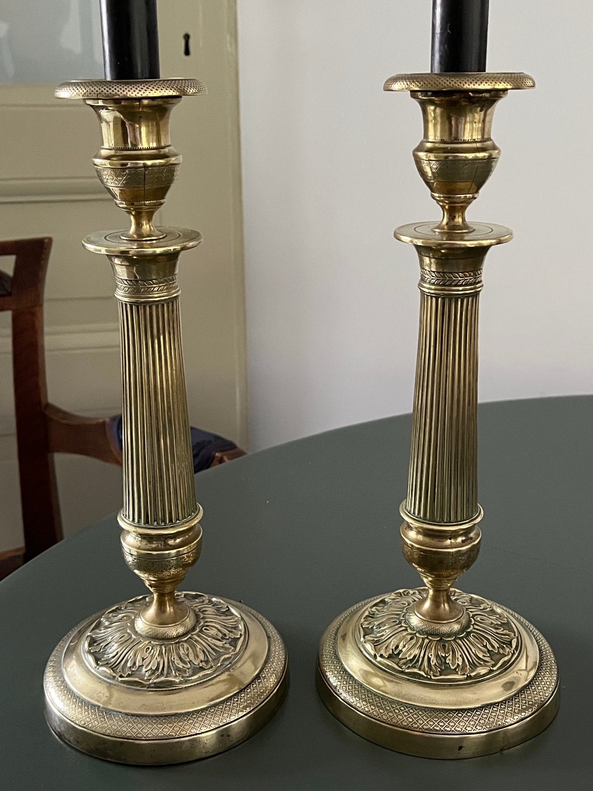 2 Antieke Empire Stijl Kandelaars, Frankrijk eind 19e Eeuw, Ophalen of Verzenden, Koper of Brons