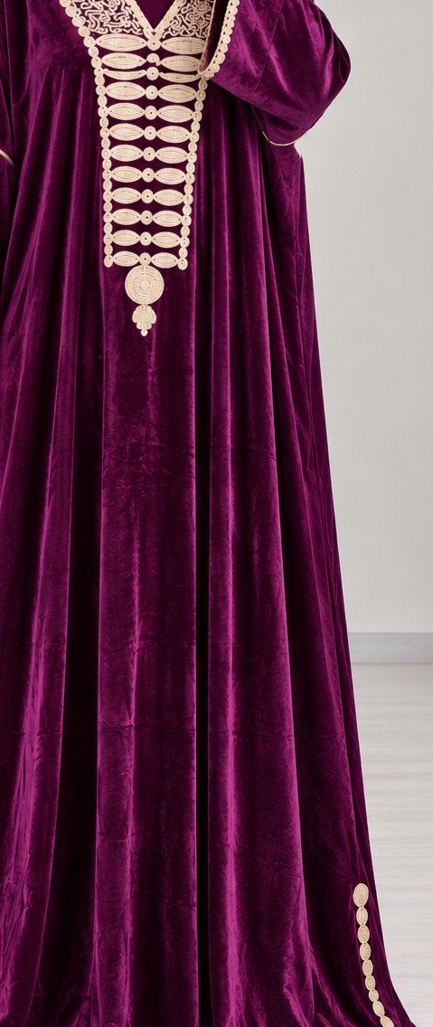 Luxe dieppaarse fluwelen kaftan met gouden borduursels, Ophalen of Verzenden, Nieuw, Maat 46/48 (XL) of groter, Paars