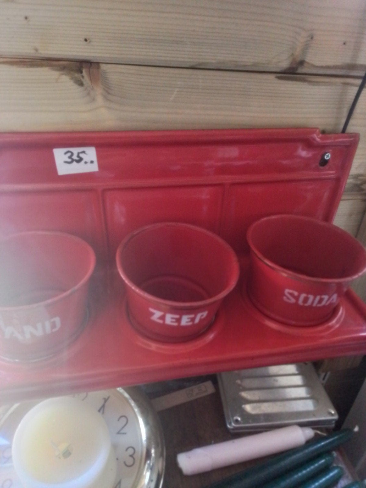 Oude Emaille Zand, Zeep en Soda Set - Rood, Antiek en Kunst, Ophalen of Verzenden