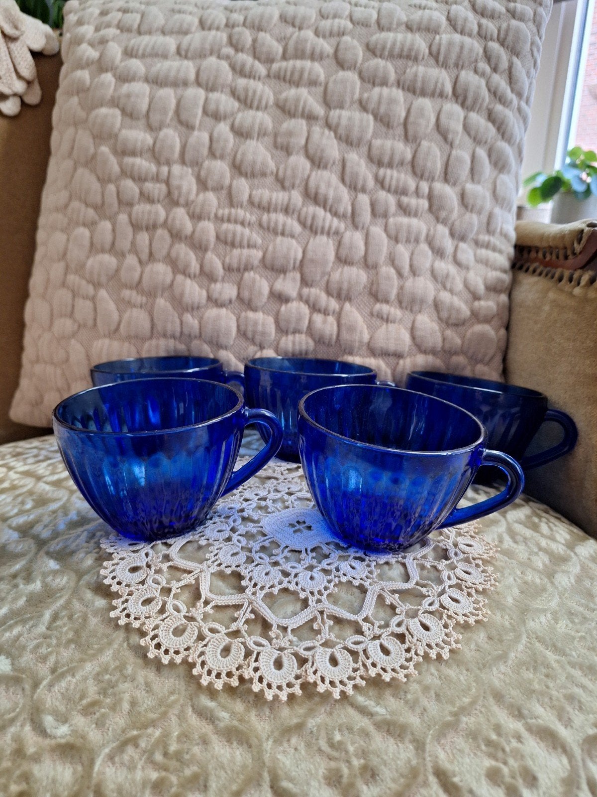 5 Brocante Kobalt Blauwe Glazen Kopjes ** Mimosa **, Antiek en Kunst, Antiek | Glas en Kristal, Ophalen of Verzenden