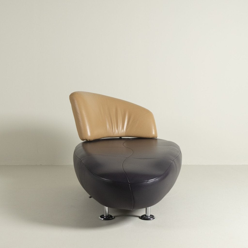 Leolux Kikko Chaise Longue Donkerpaars/Cognac Leer - Chroom, Leolux, Zo goed als nieuw, Niet ingevuld, Niet ingevuld