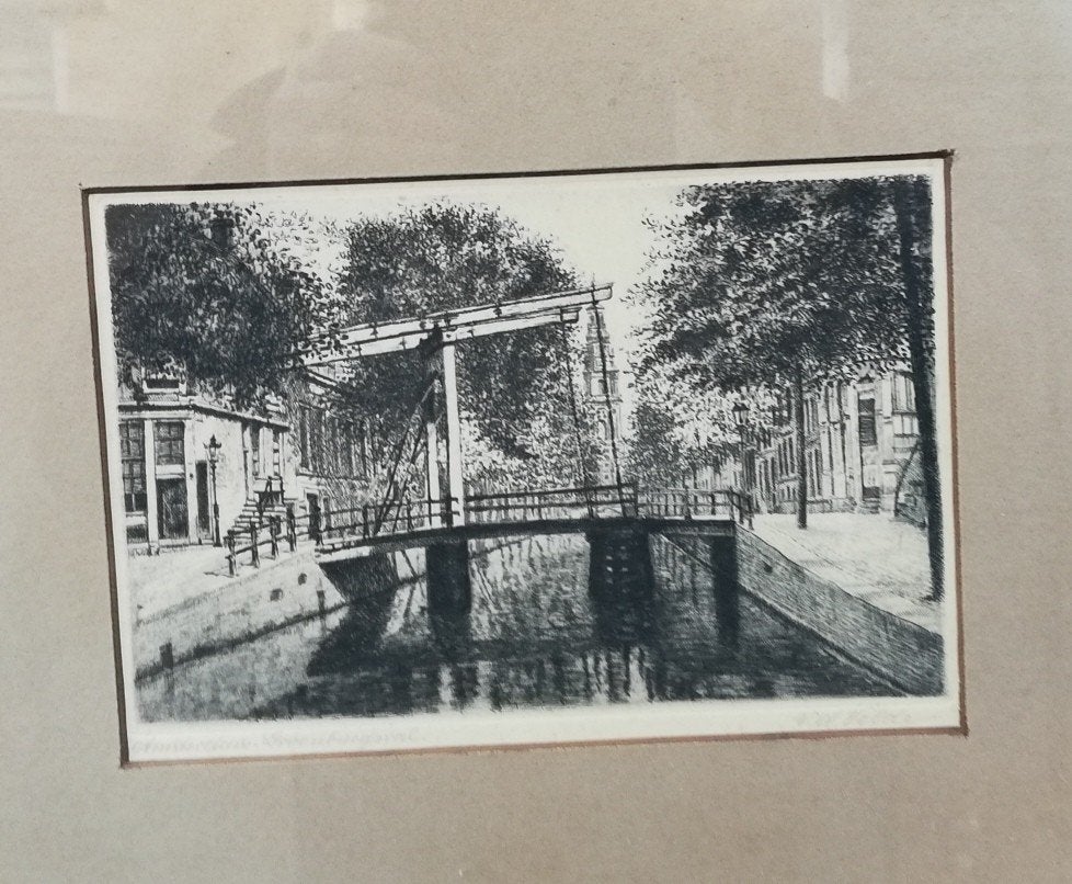 Amsterdam, Coenburgwal. Hendrik v/d Velde. Ets. 36/20 cm., Antiek en Kunst, Kunst | Etsen en Gravures, Ophalen, Ets, Stadsgezicht