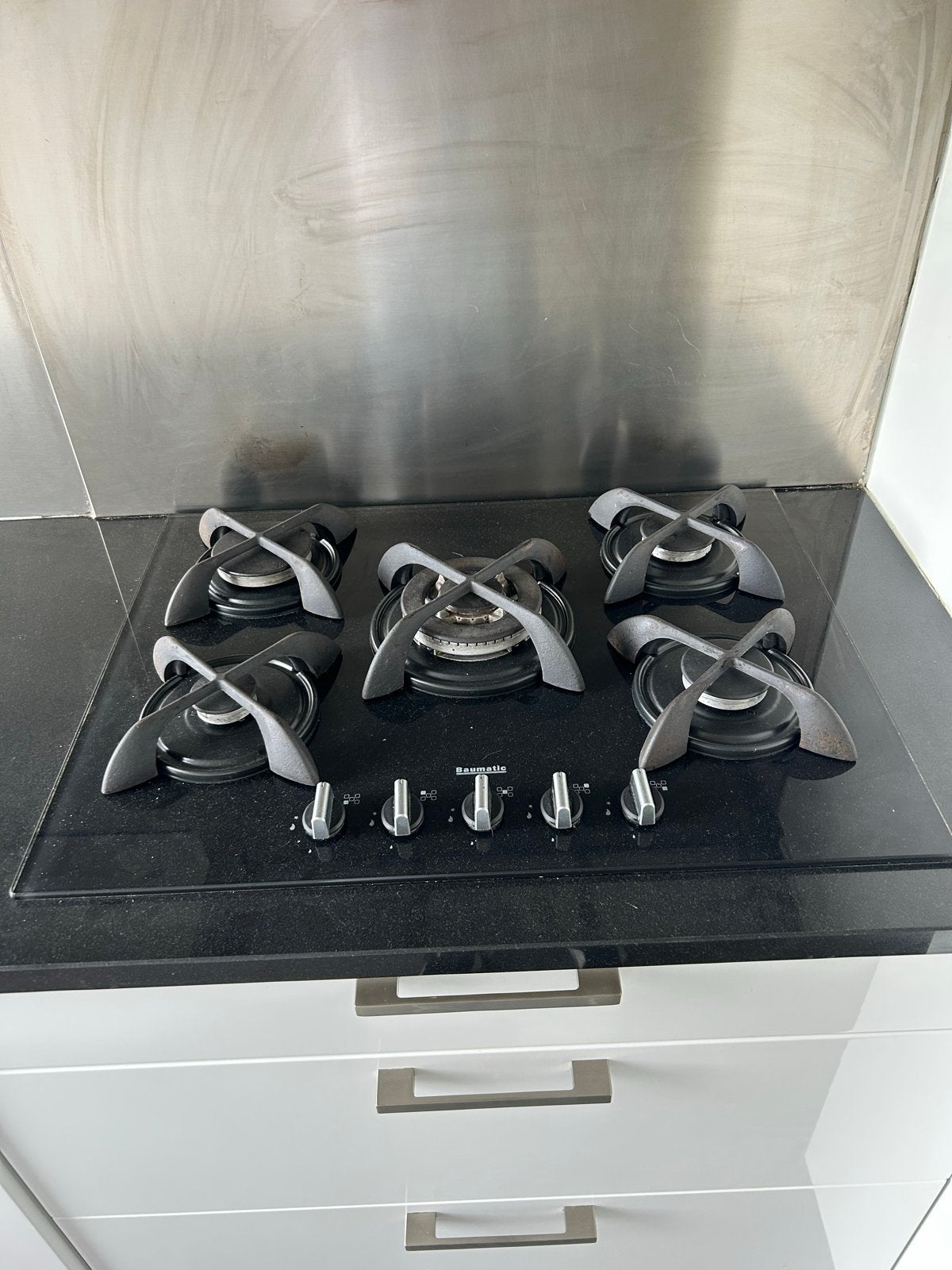 Baumatic Gasfornuis met 5 Kookzones - Zwart Glas, Ophalen, Gebruikt, Inbouw, Gas