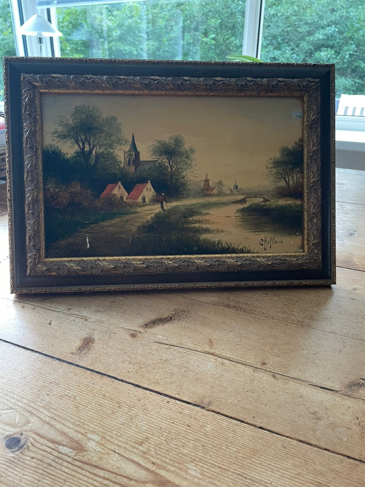 Mooi op glas geschilderd schilderij van C. Hoffmans, Antiek en Kunst, Verzenden, Oud hollands, Overige ondergronden, Landschap