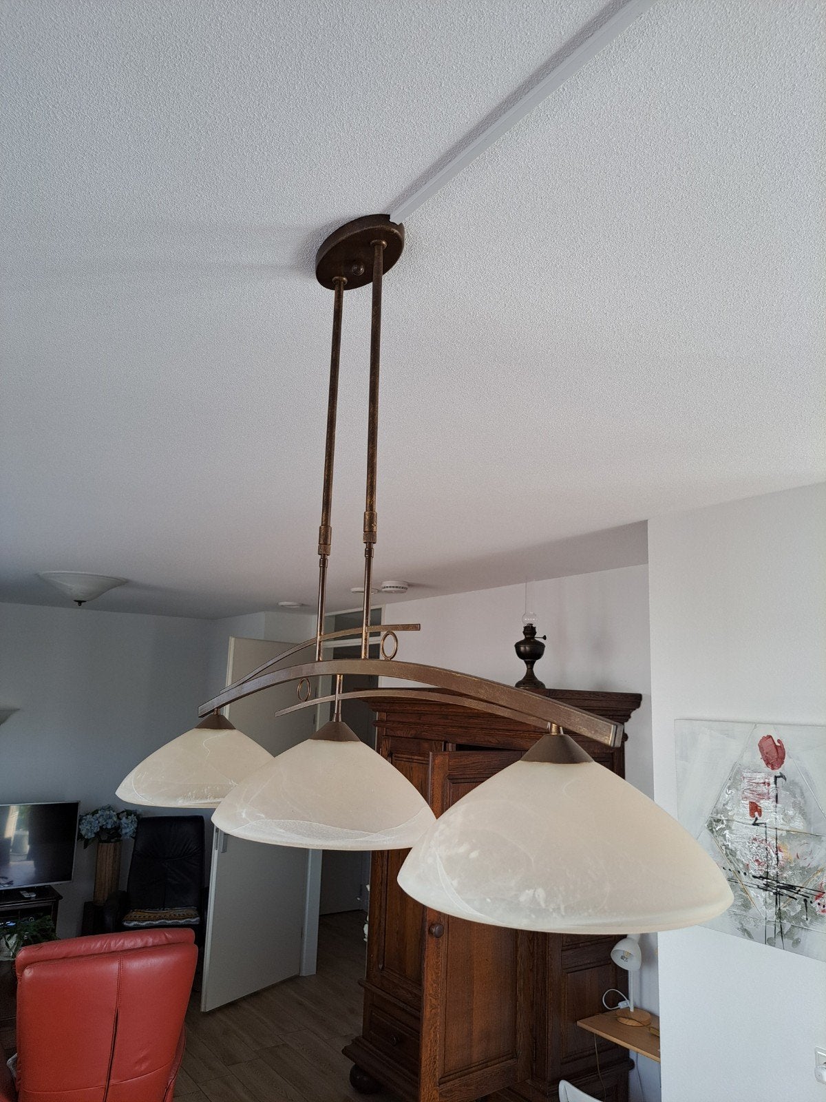 Moderne hanglamp met 3 glazen kappen, Ophalen, Gebruikt, E27 (groot), Glas