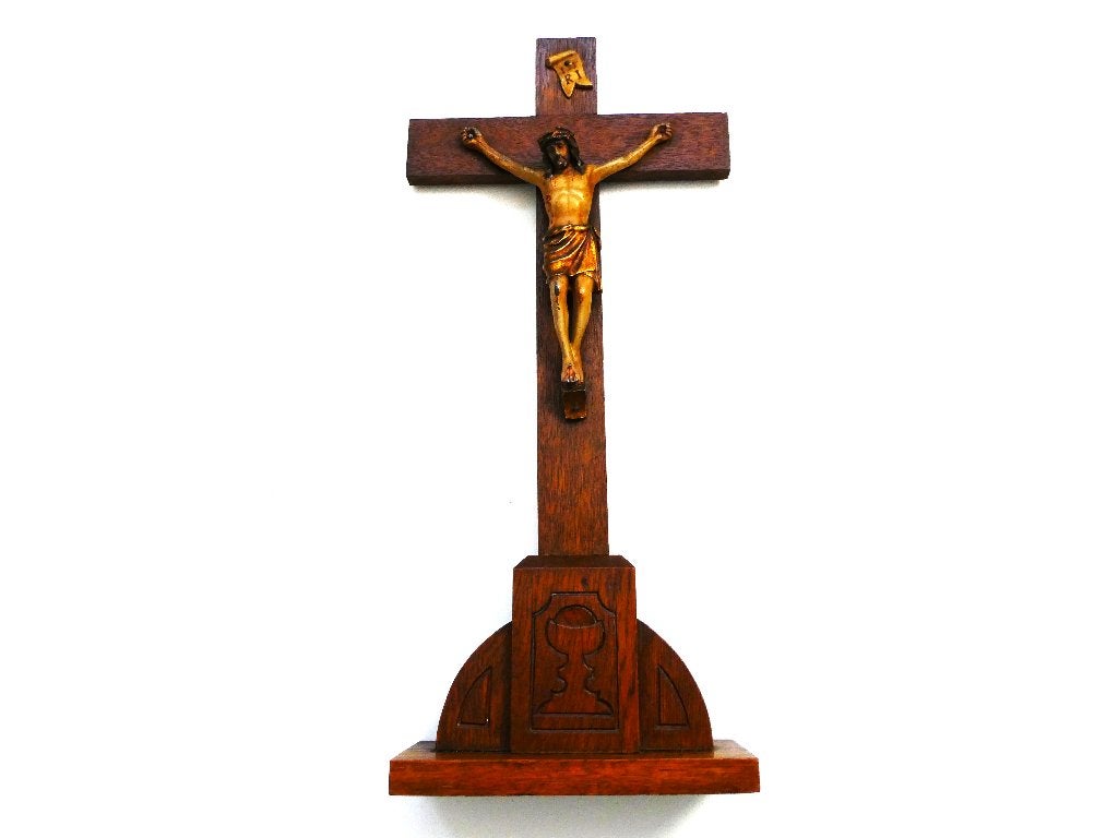 Hout kruisbeeld met corpus Jezus INRI kelk ca. 1850, Ophalen of Verzenden
