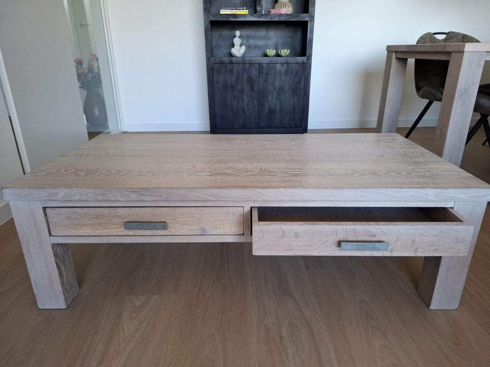 Salontafel massief eiken white wash met 2 laden, Ophalen, 100 tot 150 cm, Eikenhout, 50 tot 100 cm