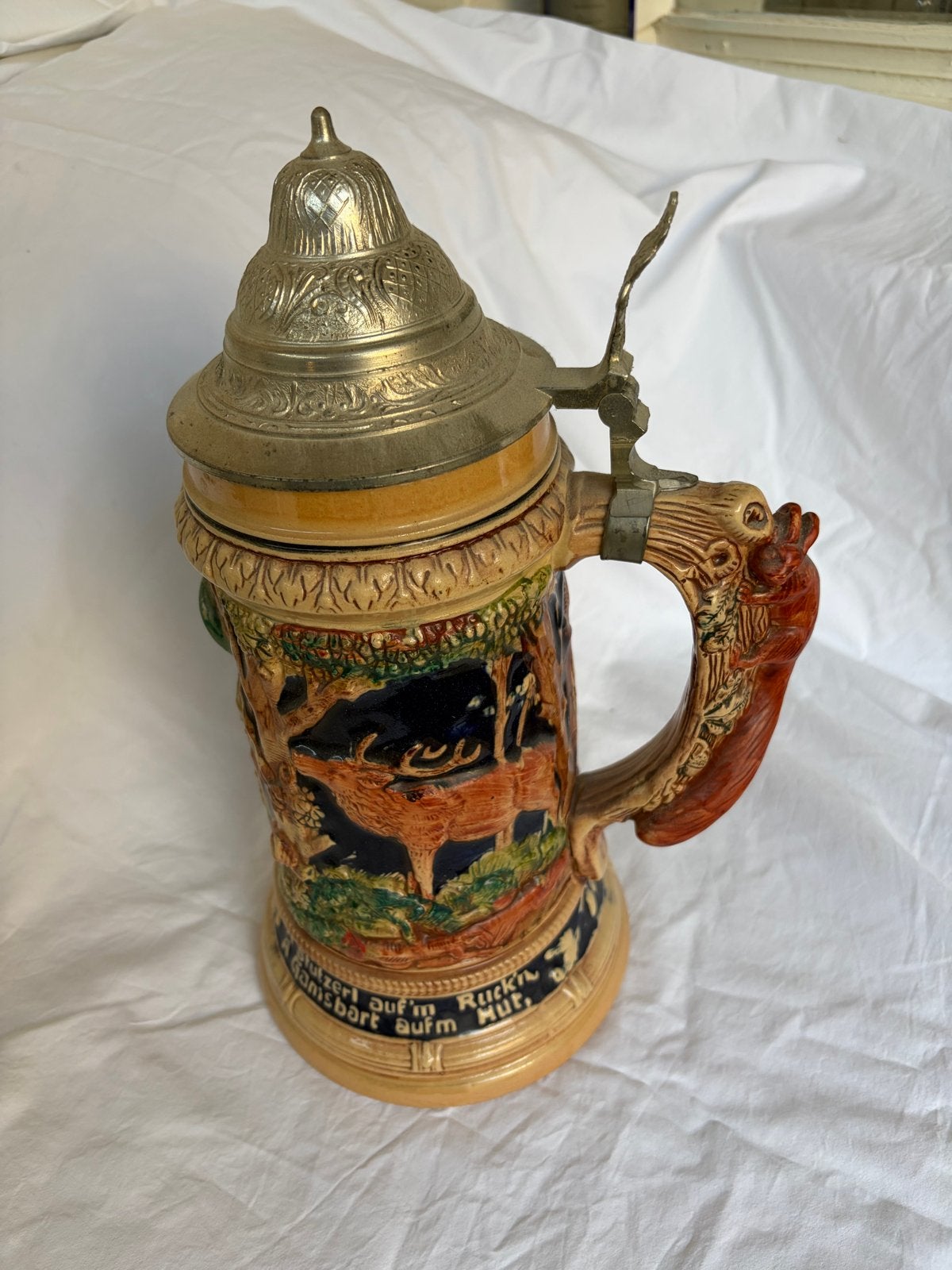 Antieke Duitse bierpul met jachtscène en eekhoorn, Antiek en Kunst, Ophalen of Verzenden