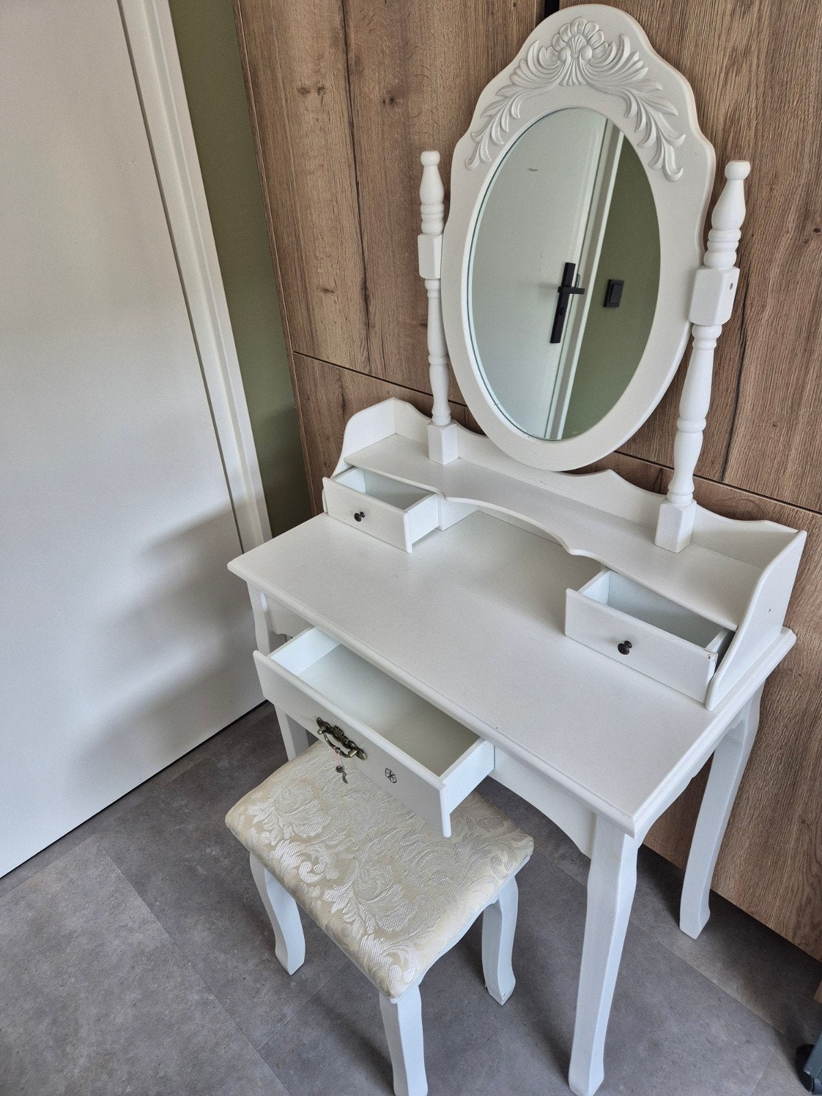 Witte kaptafel met spiegel en krukje, Ophalen, Gebruikt, Romantisch, Klassiek, 100 tot 150 cm