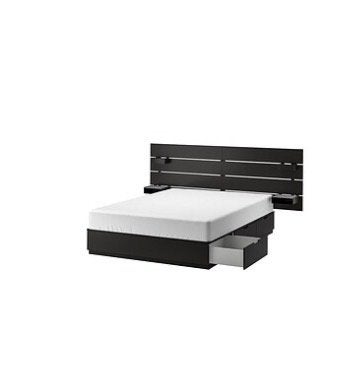 Tweepersoonsbed met opbergruimte en hoofdbord, Ophalen, Zwart, Steigerhout, Tweepersoons