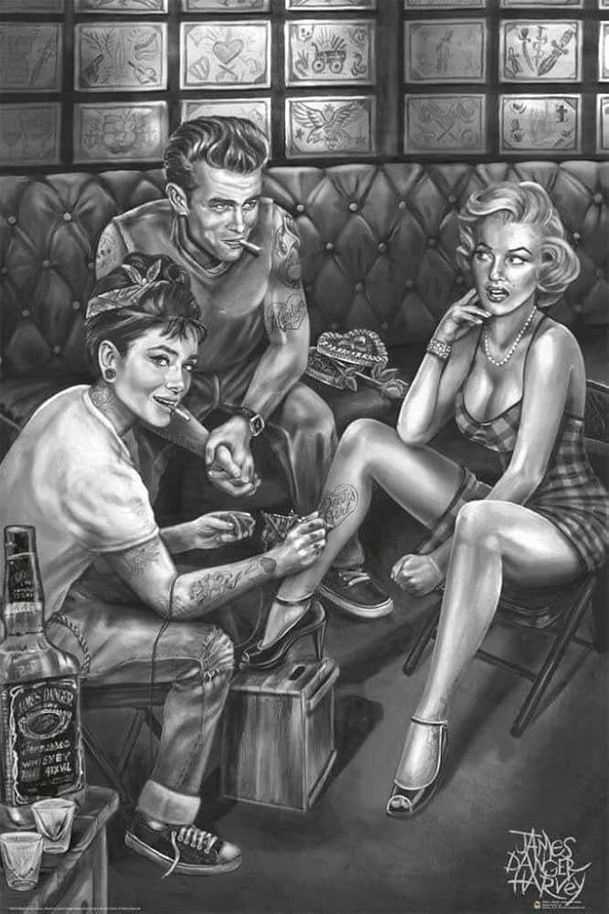 Poster James Dean, Marilyn Monroe, Audrey Hepburn Tattoo, Deurposter of groter, Ophalen of Verzenden, Film en Tv, Rechthoekig Staand