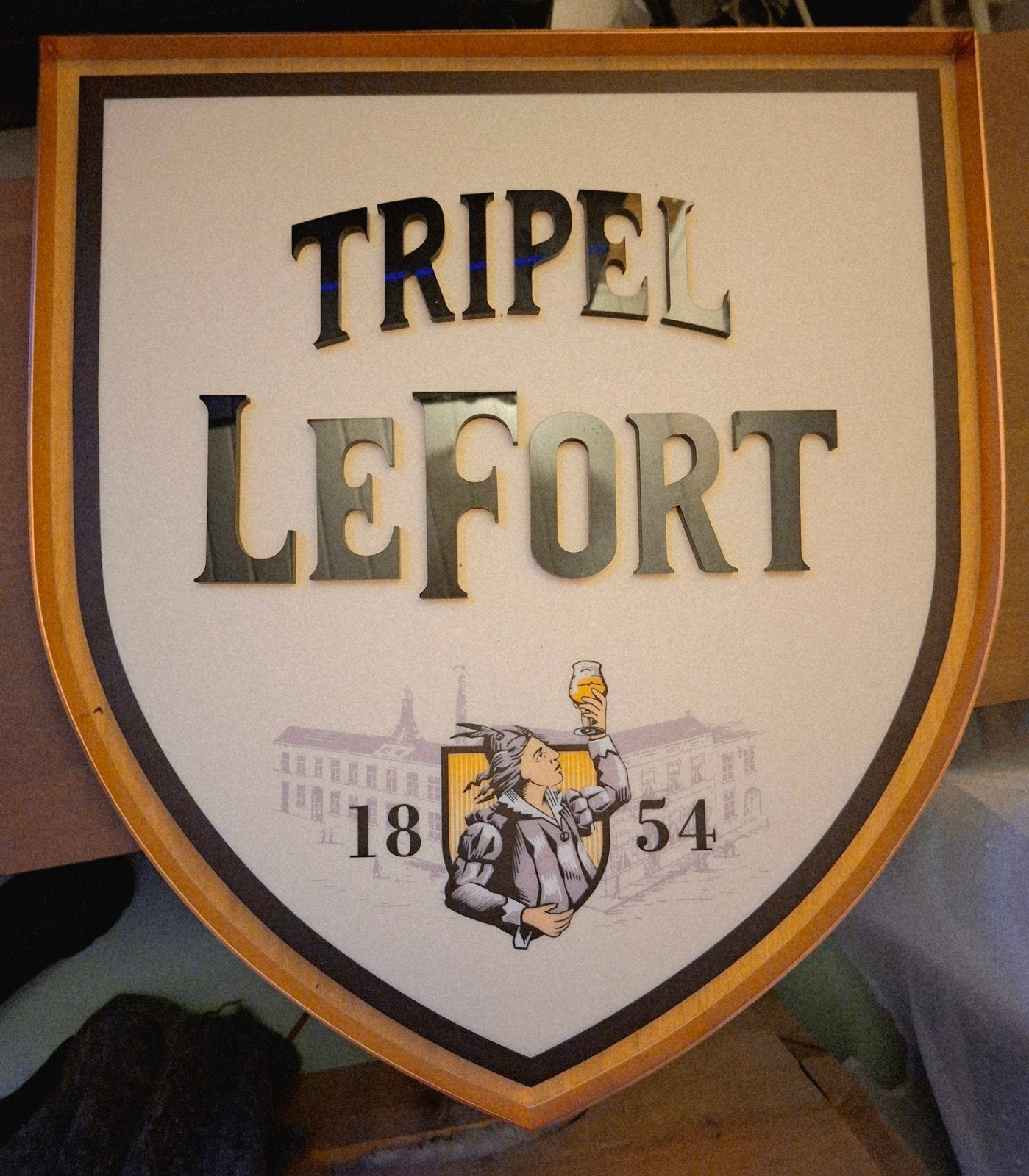 Tripel Le Fort Lichtbak met Koperen Rand - Unieke Uitvoering, Verzamelen, Ophalen, Zo goed als nieuw, Reclamebord, Plaat of Schild