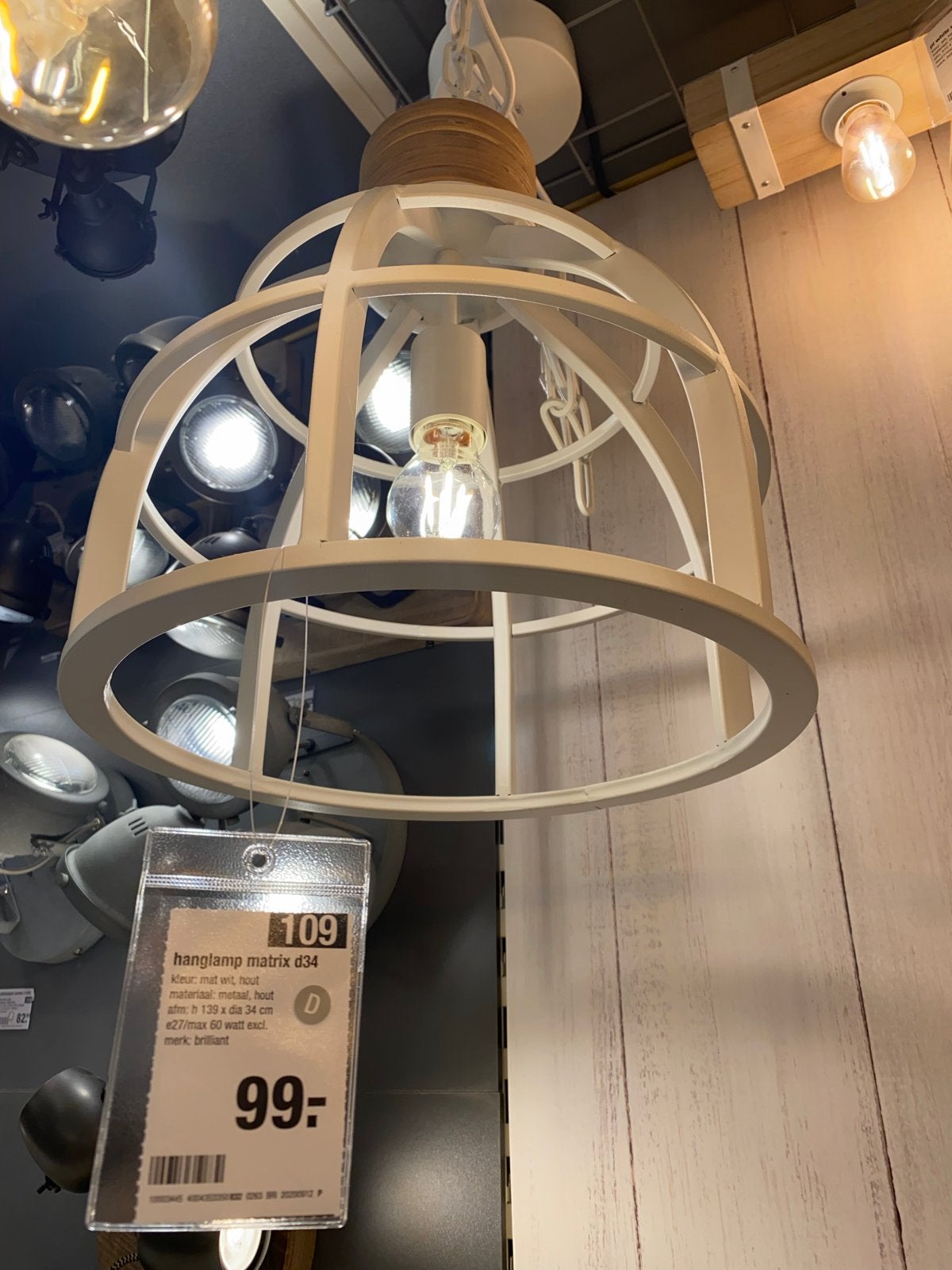 Hanglamp Matrix D34 2x- Wit/Hout - Defecte Aansluiting, Huis en Inrichting, Lampen | Hanglampen, Ophalen, Gebruikt, Metaal, E27 (groot)
